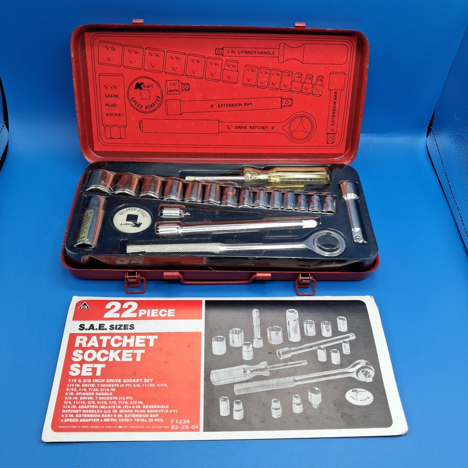 NOS Vintage K-Mart SAE 22 Piece Ratchet Socket Set No. F1234 in Metal Case