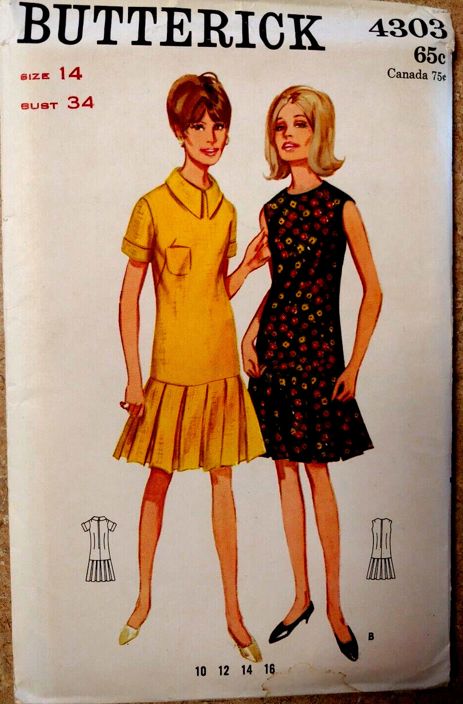 Vtg 1970's Butterick #4303 One-Piece Dress Semi-Fitted Pleated Sz 14 Bust 34