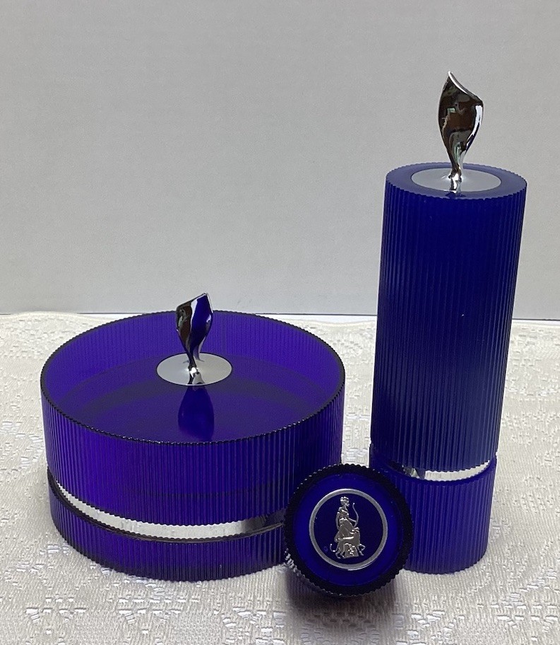 Lot Of 3 Vtg Cobalt Blue Empty Perfume Jars & Powder Box Avon Moonwind Plastic