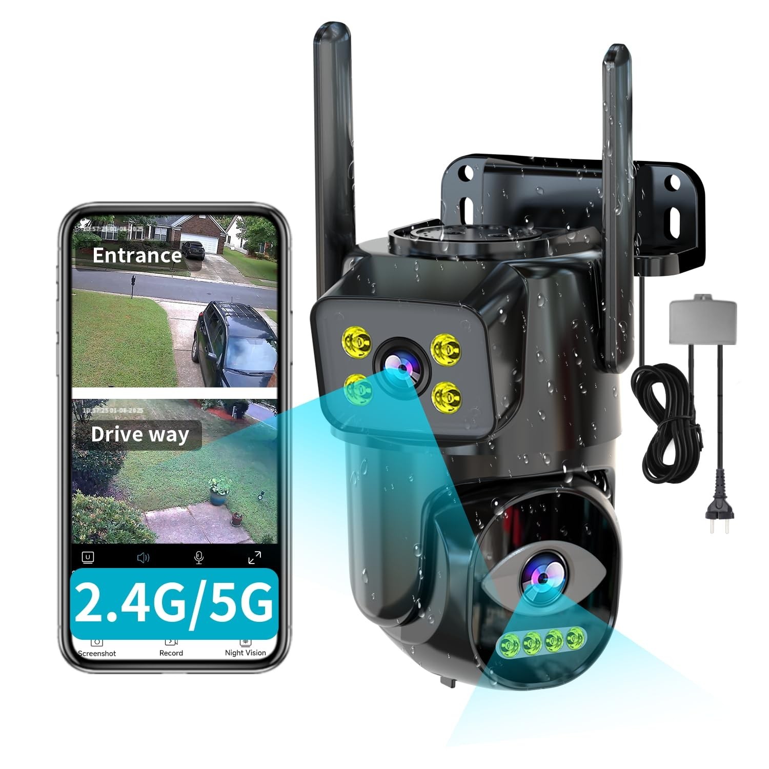 LETSCEE Dual Lens WiFi Security Camera Outdoor, 2.4G/5G PTZ Outdoor Plug-in C...
