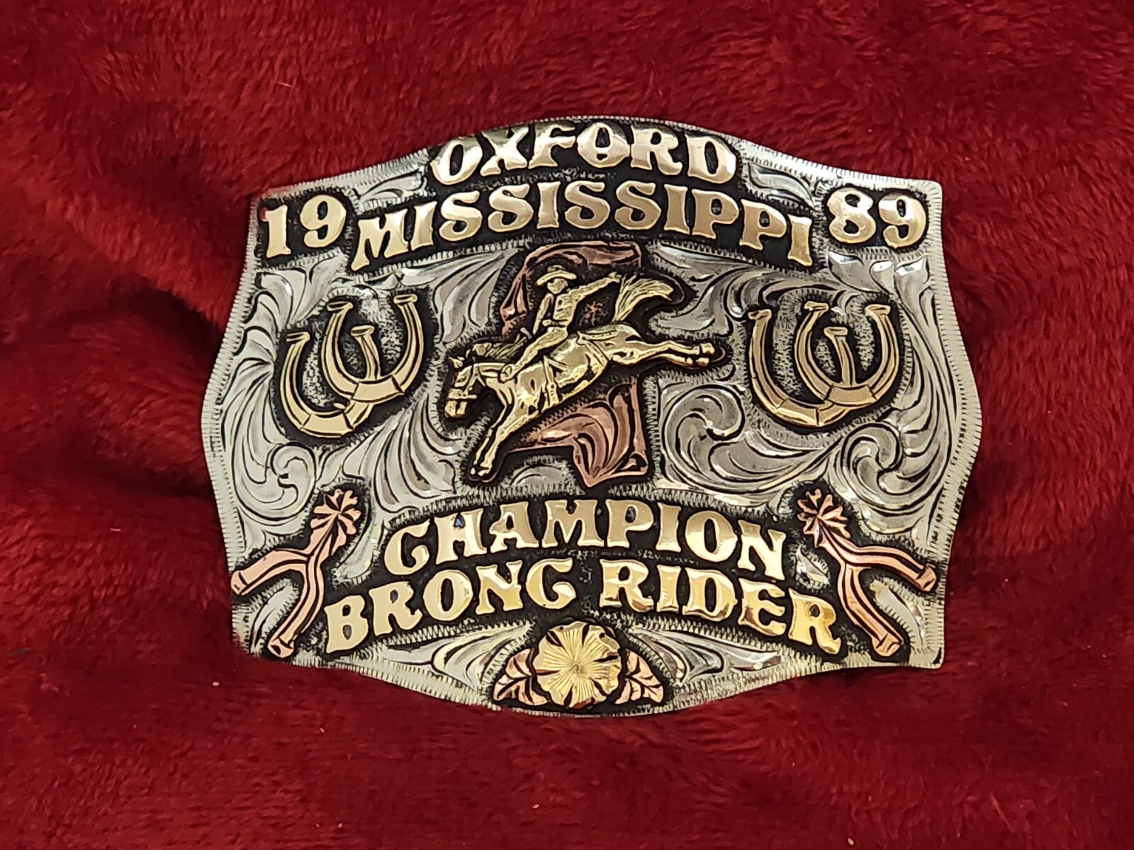 CHAMPION RODEO TROPHY BELT BUCKLE BRONC RIDER☆OXFORD MISSISSIPPI☆1989☆RARE☆R78
