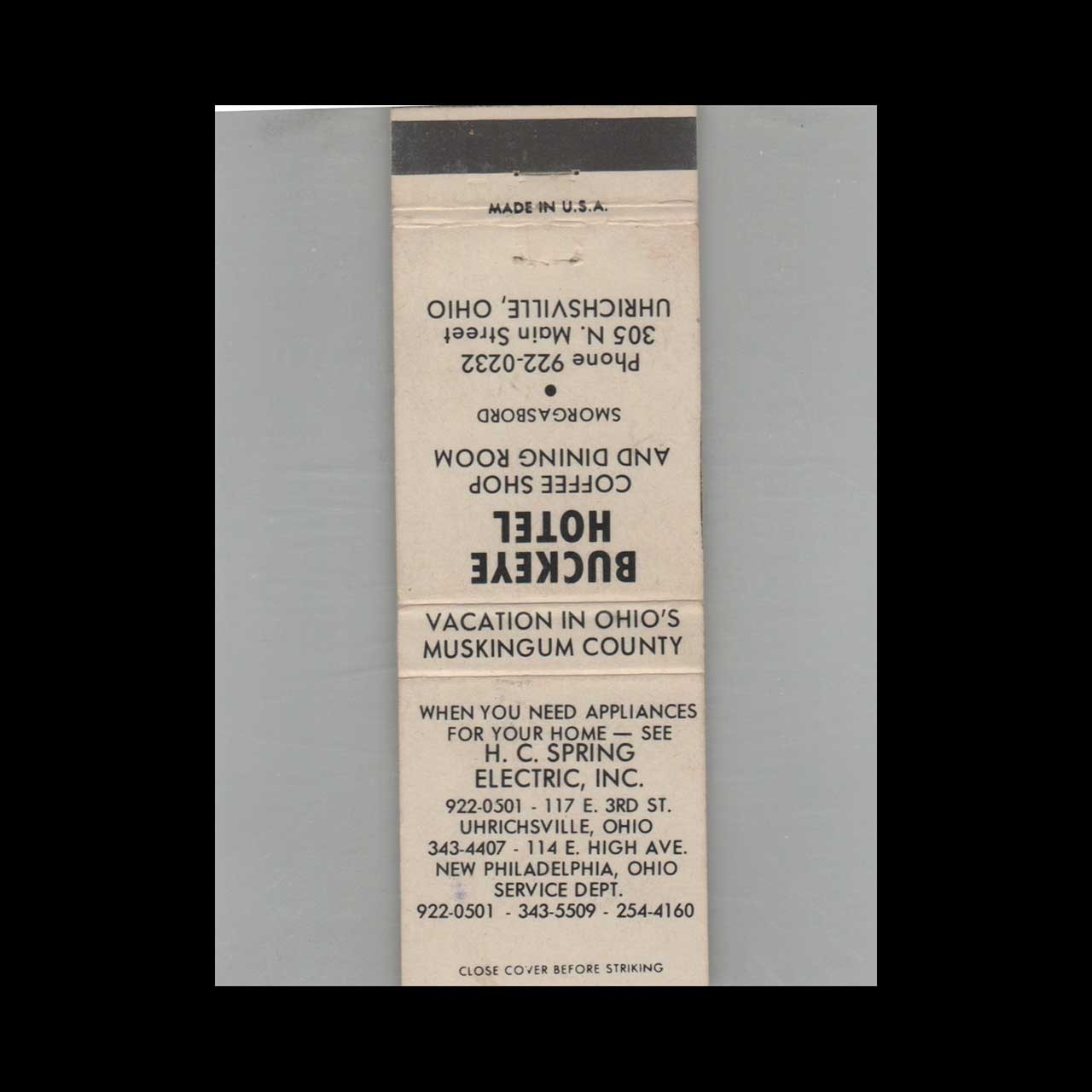 Matchbook Cover Buckeye Hotel Uhrichsville, OH