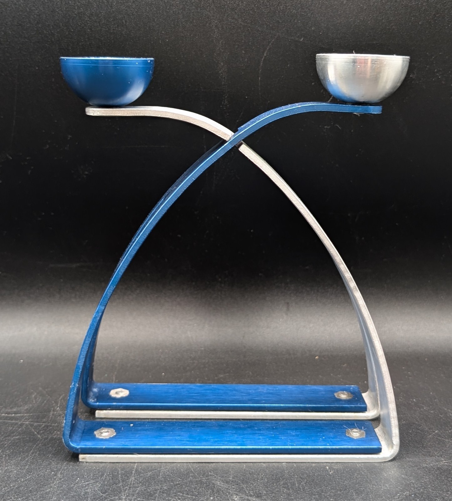 Arie Ofir Modern Brushed Aluminum Candle Sticks, Blue & Silver, Israeli Artist Arie Ofir Modern Brushed Aluminum Candle Sticks, Blue & Silver, Israeli Artist