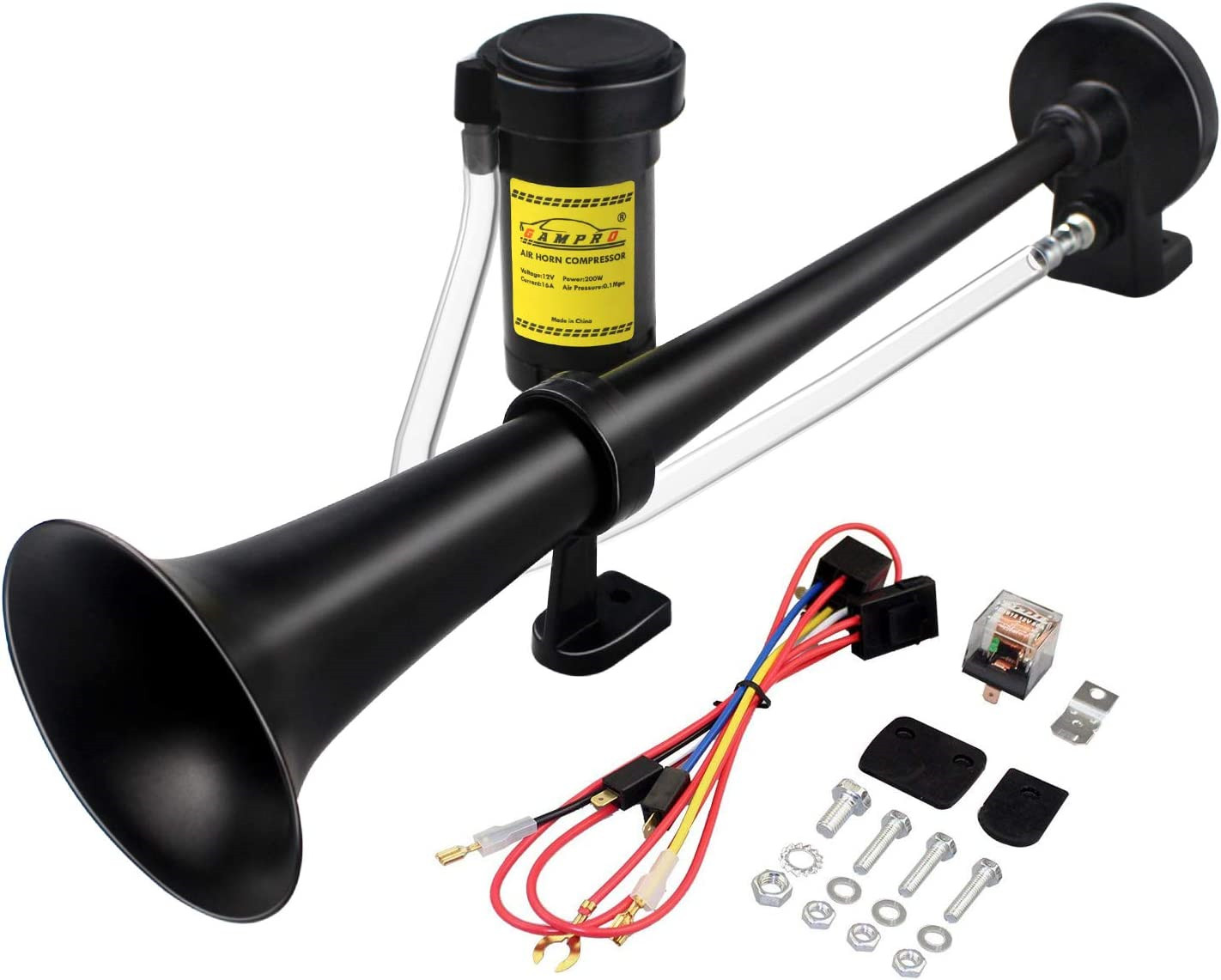 GAMPRO 12V 150db Air Horn, 18 Inches Chrome Zinc Single Trumpet Truck Air Horn