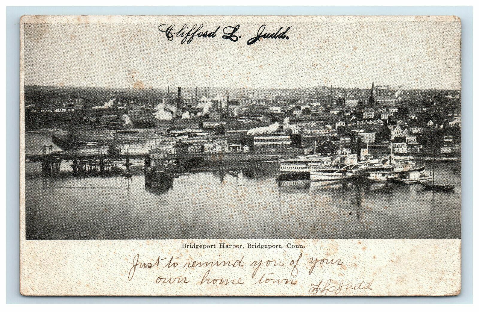 1905 Bridgeport Harbor Birds Eye View Connecticut Postcard Ships Boats