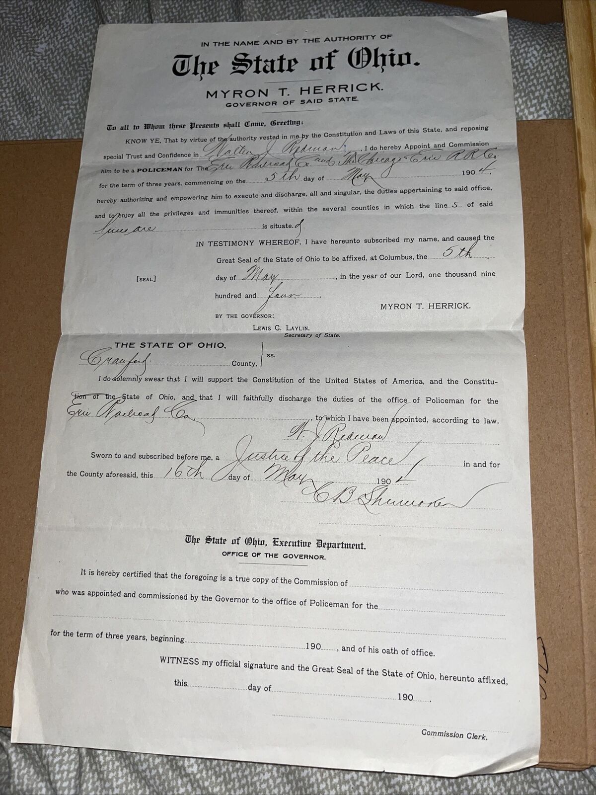 1904 Antique Ohio Governor Appointment & Signed Oath - Erie Railroad Policeman