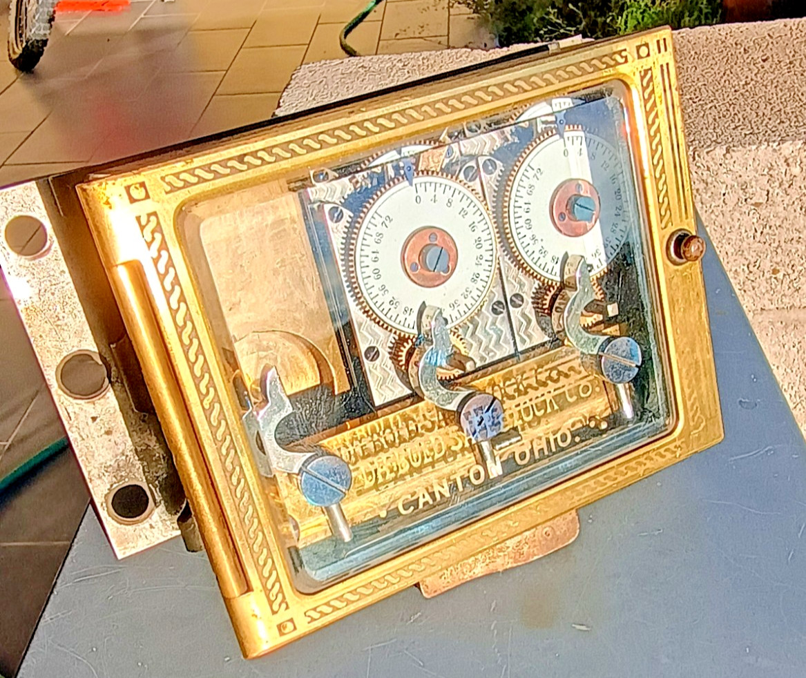 Antique Diebold Safe & Lock Co. Triple Yale Towne Time Lock Brass Case Engraved Antique Diebold Safe & Lock Co. Triple Yale Towne Time Lock Brass Case Engraved