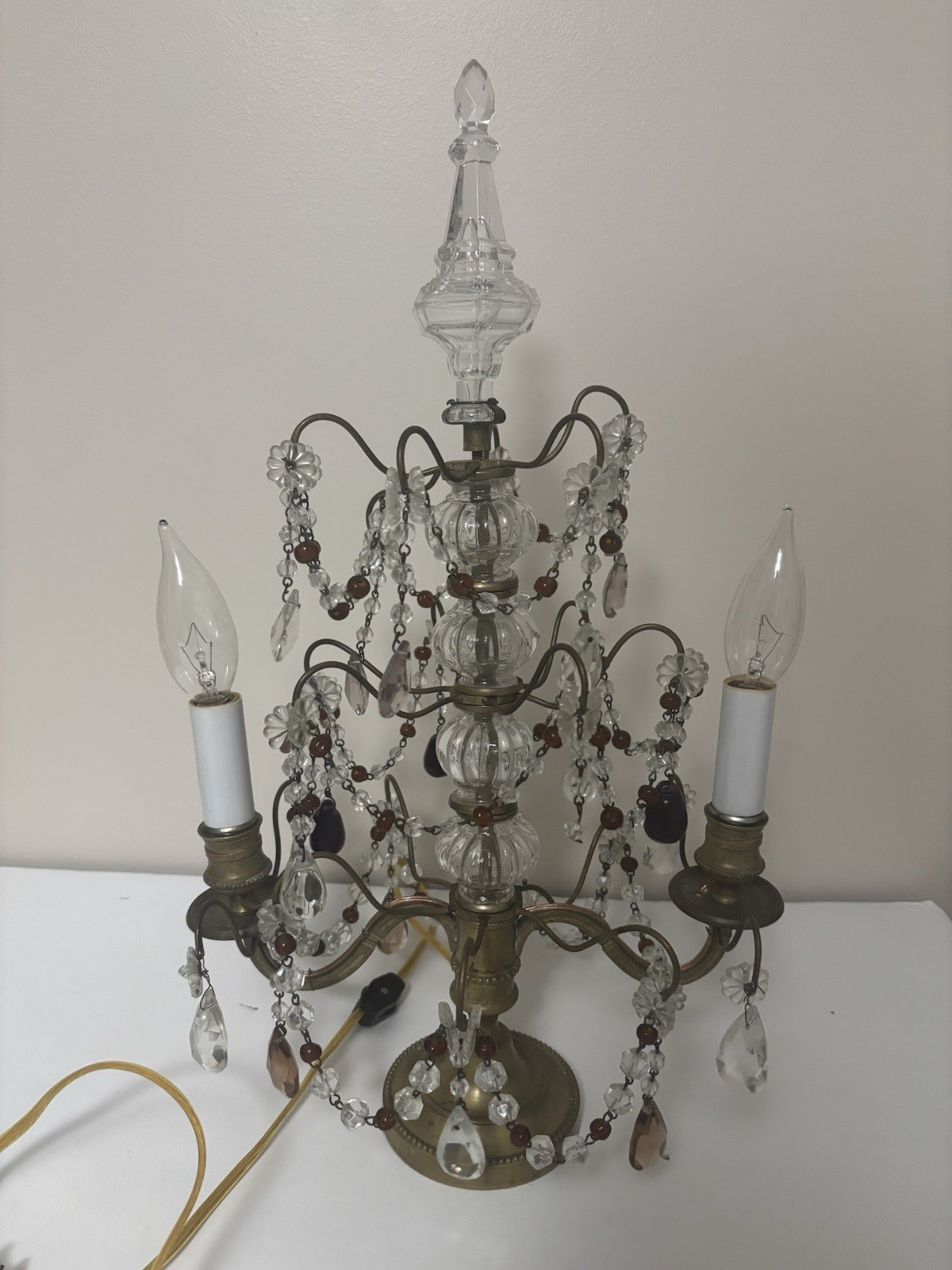 Vintage Brass Candelabra Electric Table Lamp 2 Light Prism Crystals 18\
