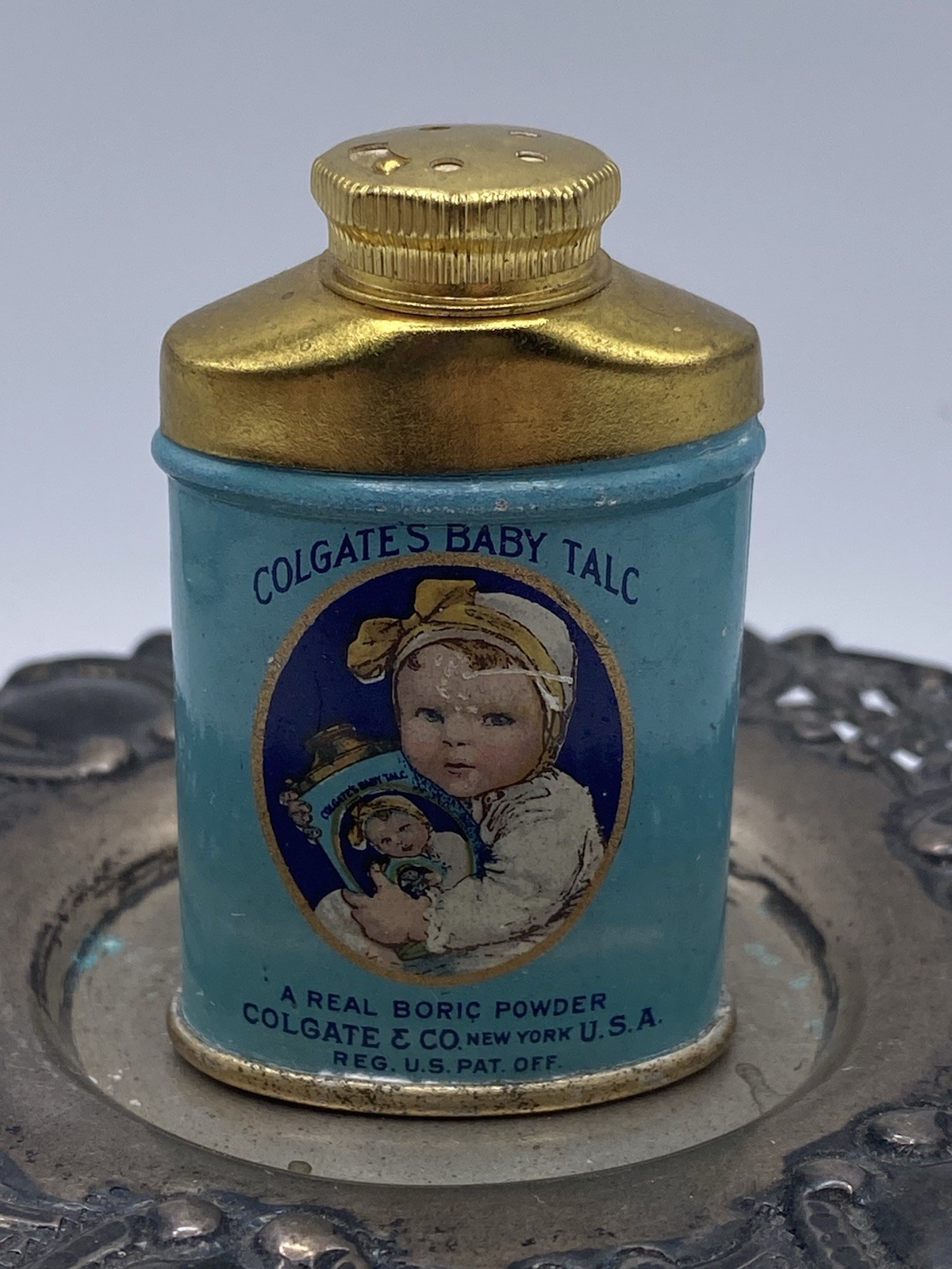 Vintage Colgate's Baby Talc Sample Advertising Tin, Unused, Blue & Gold 2 Vintage Colgate's Baby Talc Sample Advertising Tin, Unused, Blue & Gold 2