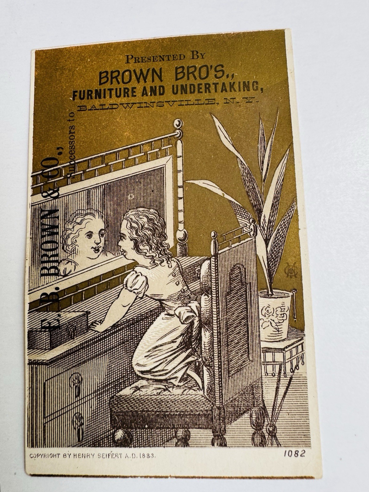 Antique Undertaker Furniture Trade Card Mirror Baldwinsville NY VTC Brown Bros