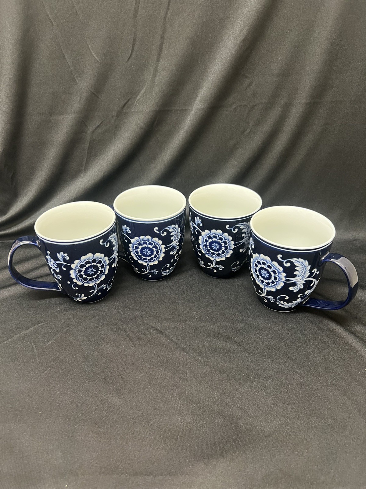 Pier 1 Mandarin Cobalt Blue and White Porcelain 14oz Coffee Tea Mug Set of 4