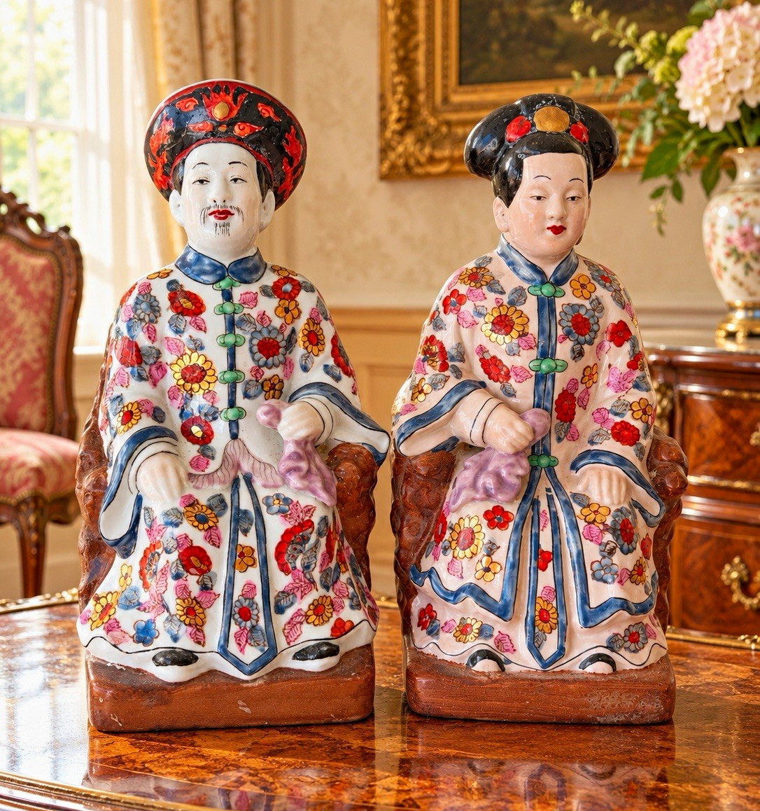 Chinese Porcelain Pair of Seated Figures Figurines, Floral Robes w/ Plaques