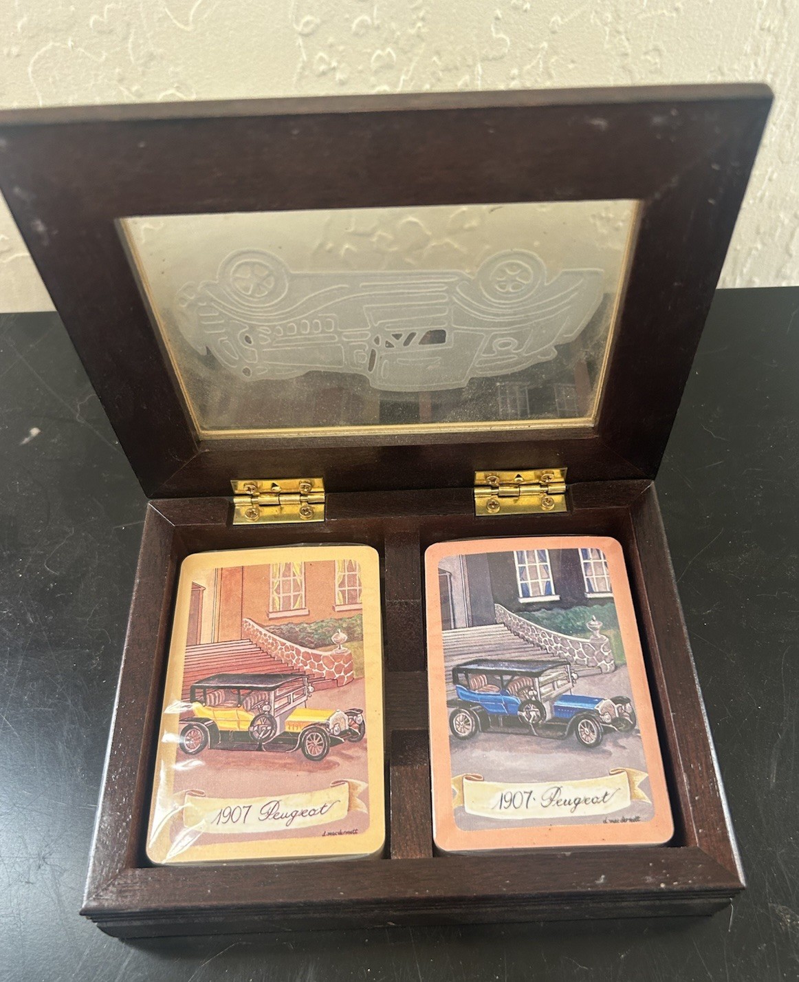 Vtg Albert E Price Playing Cards Poker Etched Glass Top Wood Case Sealed Cards