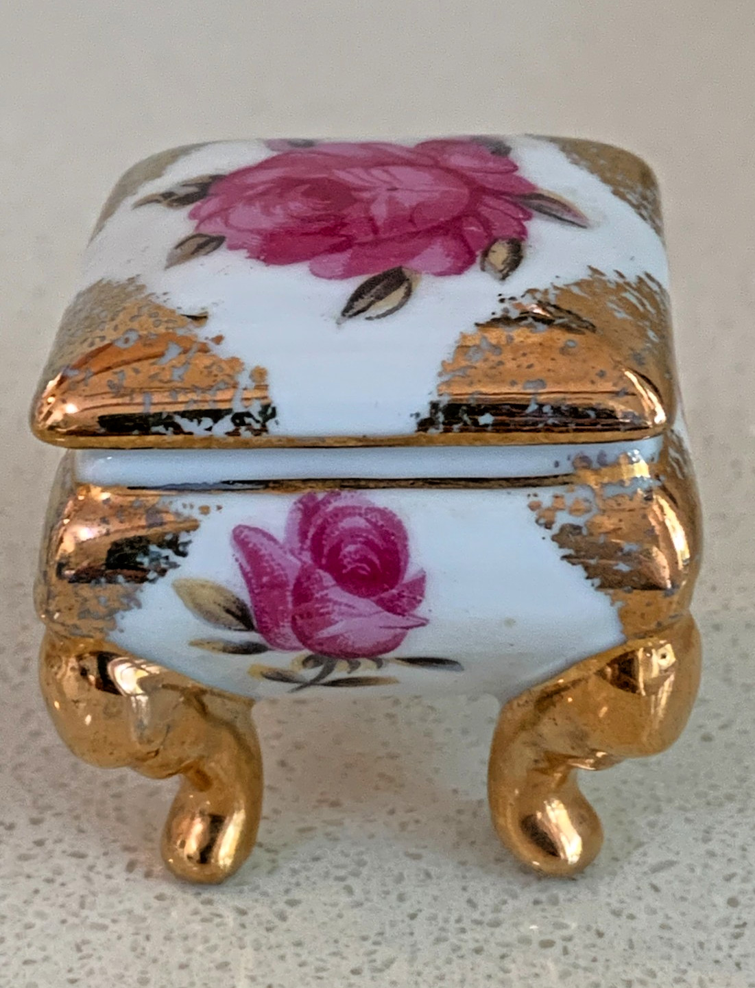 Vintage Miniature Porcelain Footed Ring/Trinket Box, Pink Rose (1 1/2 Vintage Miniature Porcelain Footed Ring/Trinket Box, Pink Rose (1 1/2
