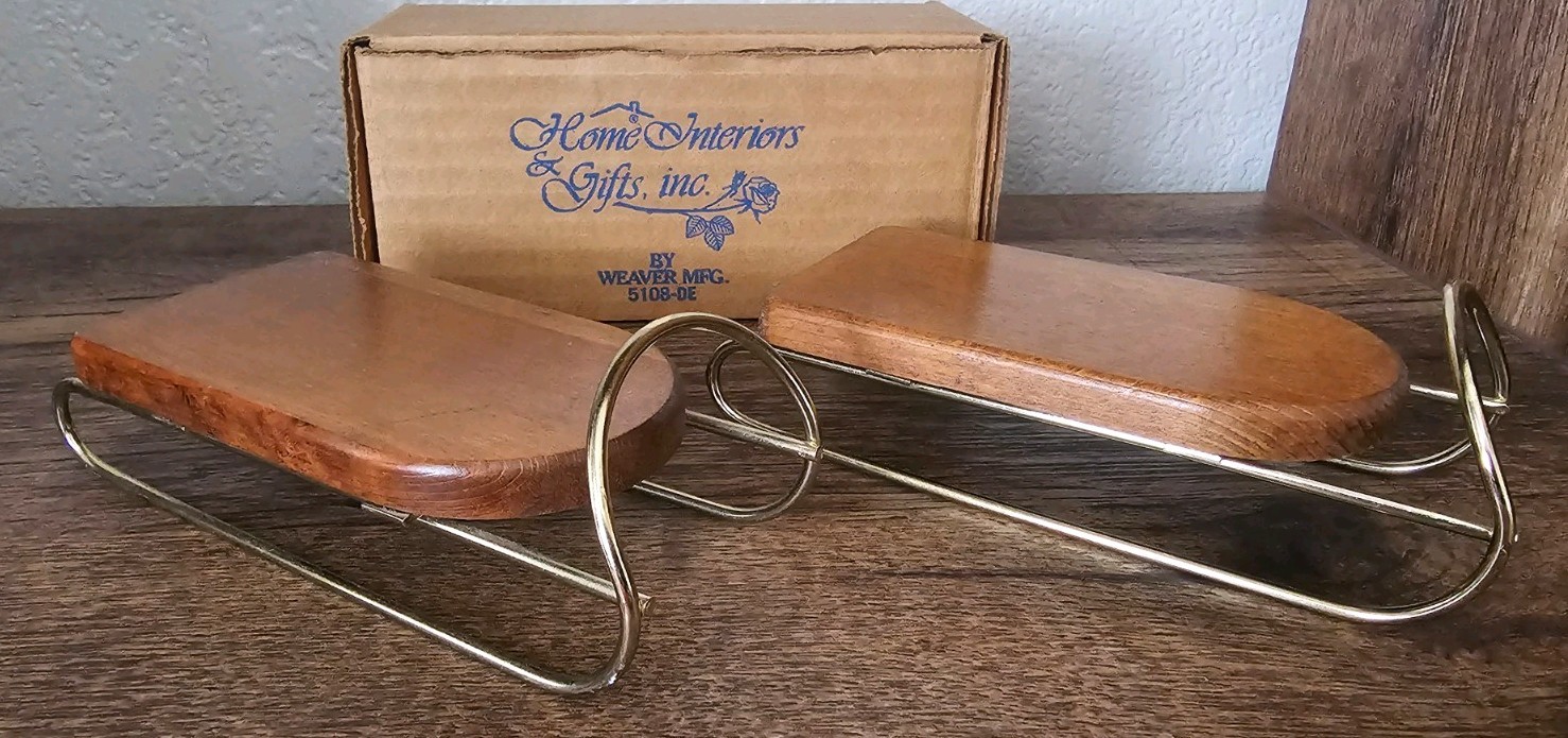 Vtg Home Interiors Wood Sled Pair Brass Runners Christmas Decor 5108-DE W/ Box