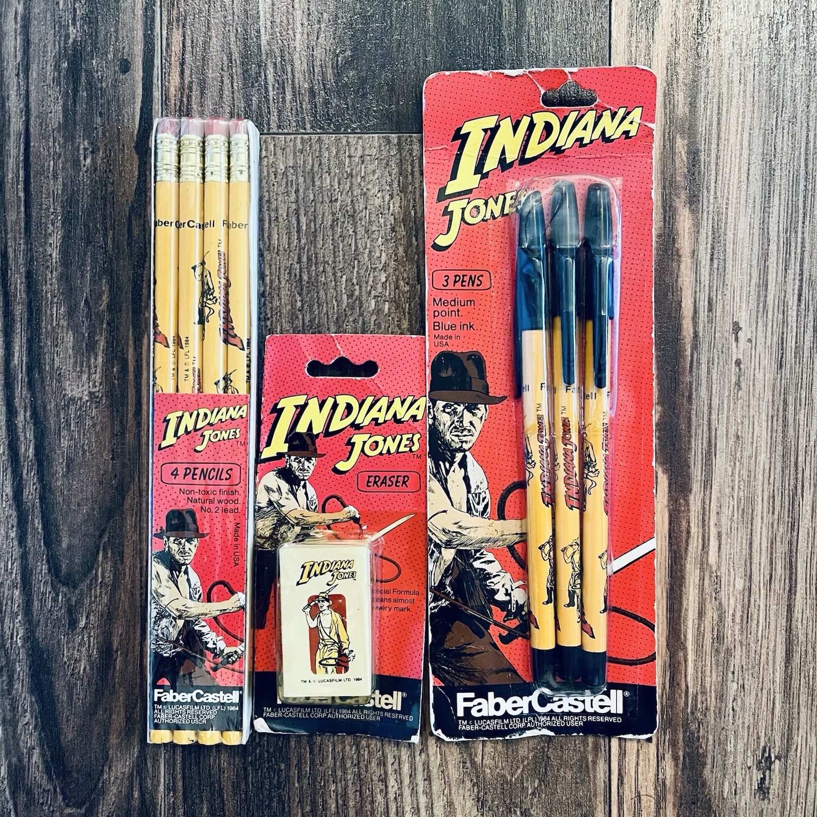 Vintage Indiana Jones NOS Pencil Pen Eraser Set 1984 Lucasfilm Faber Castell