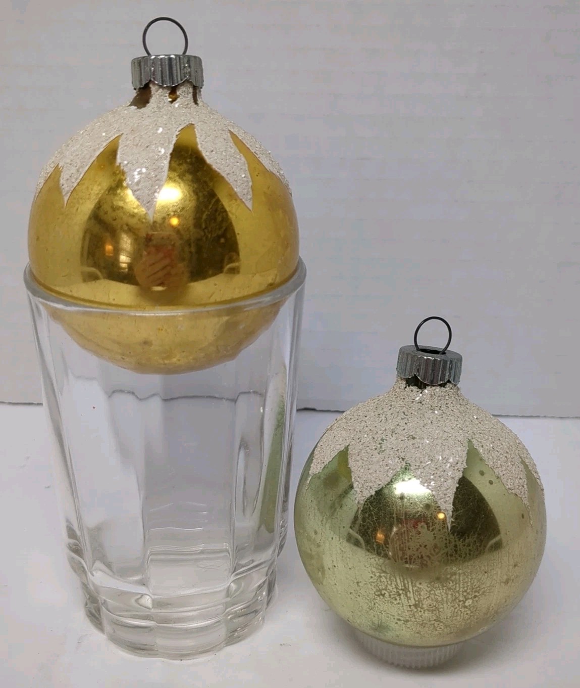 2 Vtg Shiny Brite Christmas Ornaments Gold/Green W/White Mica 2.5