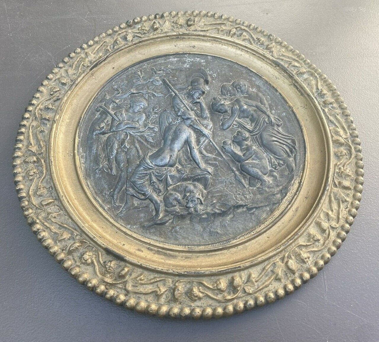 ANTIQUE VICTORIAN EMBOSSED FIGURAL CAST METAL 11.25\