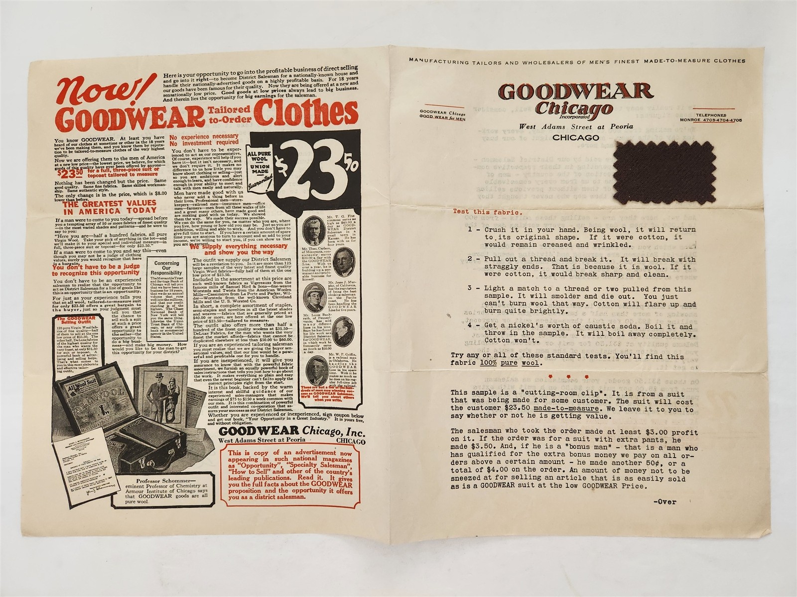 1920s antique GOODWEAR chicago il MEN\'S TAILORED CLOTHES sales ad WOOL SAMPLE