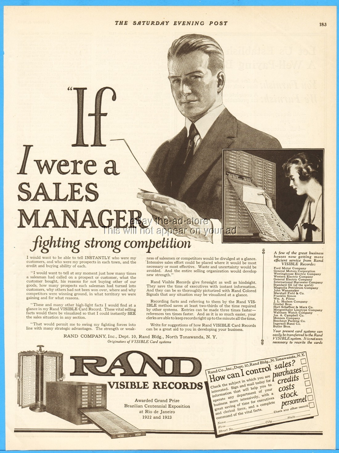 1923 Rand Co North Tonawanda NY Visible System Card Records Sales Manager Ad