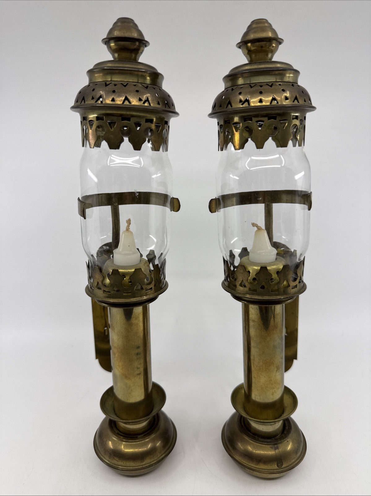 2 Vtg Brass Glass Train Carriage Wall Mount Candle Sconce Taiwan 12.5”