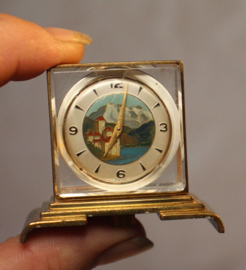 Home Watch Company Swiss mtns miniature travel clock manual wind brass lucite Home Watch Company Swiss mtns miniature travel clock manual wind brass lucite