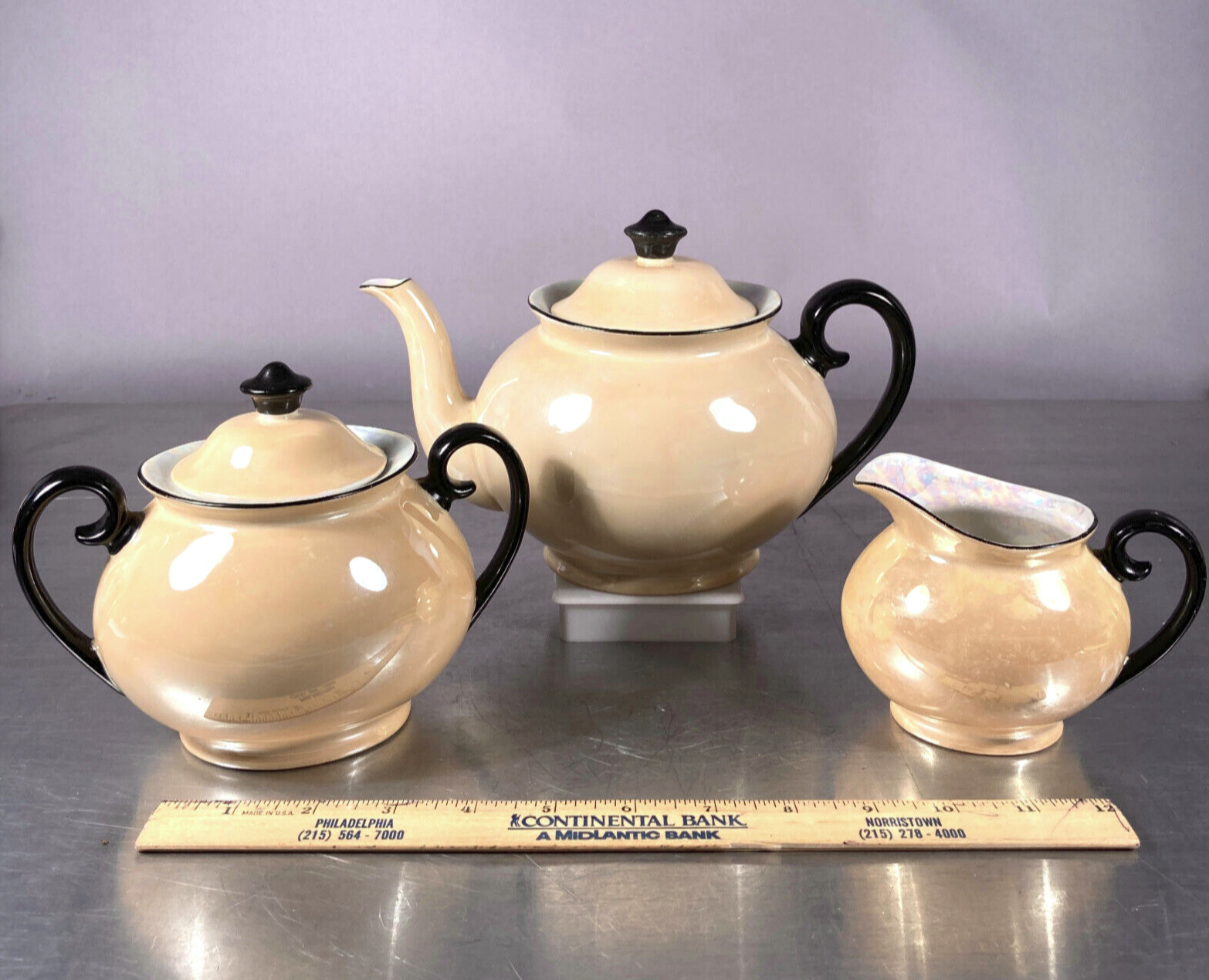 Vintage Czech Lusterware Teapot Creamer Sugar Peach Laurel China Czechoslovakia