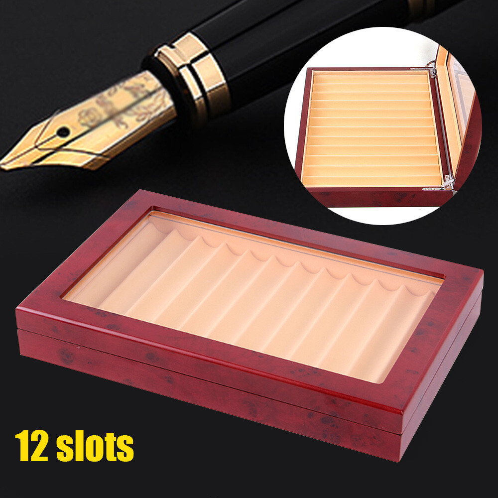 12 Slots Wood Fountain Pen Display Pen Tray Box Organizer Storage Collector Box
