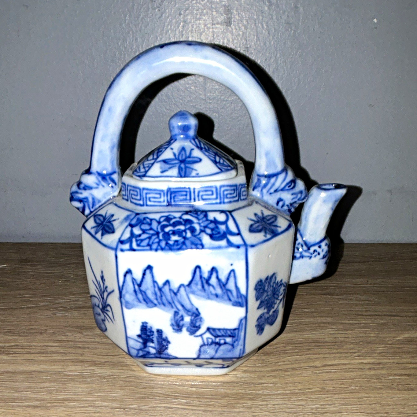 Vintage Chinese Blue & White Octagonal Porcelain Teapot Overhead Handle