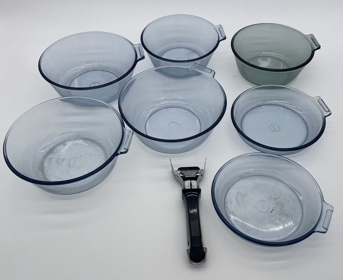 Vintage Pyrex Early Flameware Lot Of 8 Pieces With Handle Blue Tint Glass Vintage Pyrex Early Flameware Lot Of 8 Pieces With Handle Blue Tint Glass