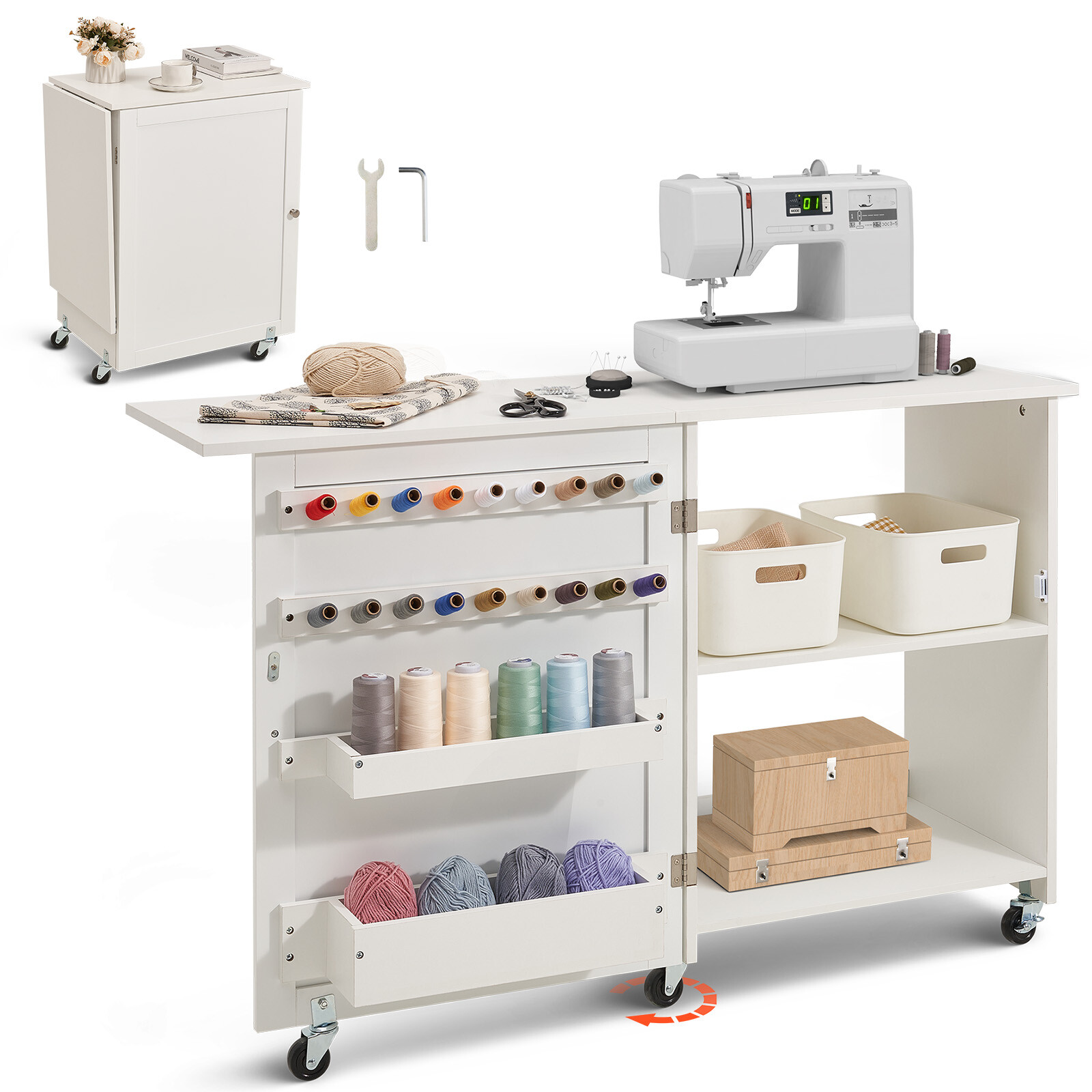 Uimoso Folding Sewing Table with Lockable Wheels Storage Shelves Trays Door Uimoso Folding Sewing Table with Lockable Wheels Storage Shelves Trays Door