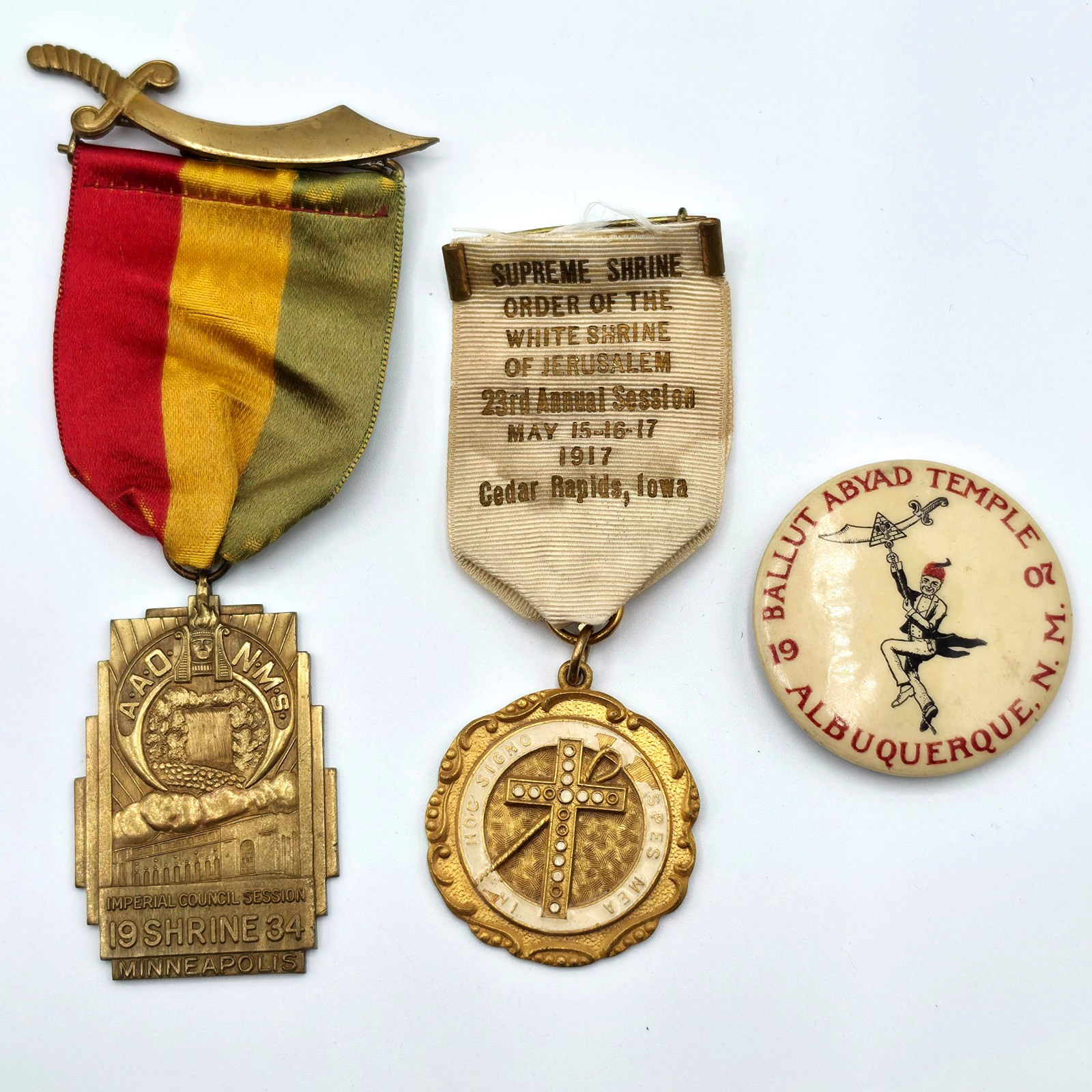 3 pc. Vintage / Antique (?) Shriners Pin Lot - AAONMS, OWSJ, & 1907 Ballut Abyad 3 pc. Vintage / Antique (?) Shriners Pin Lot - AAONMS, OWSJ, & 1907 Ballut Abyad