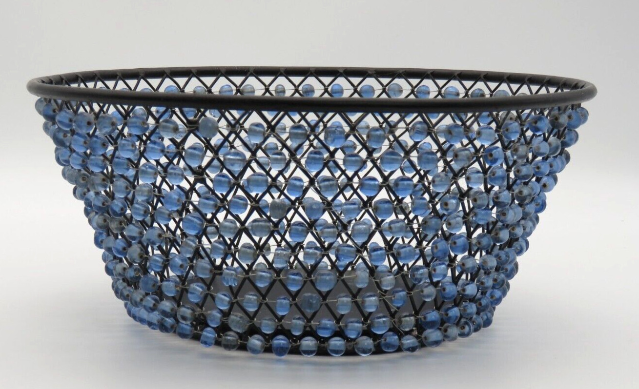 See-Through Blue Beaded Metal Wire Round Trinket Basket Decor Flat Bottom 9 Inch