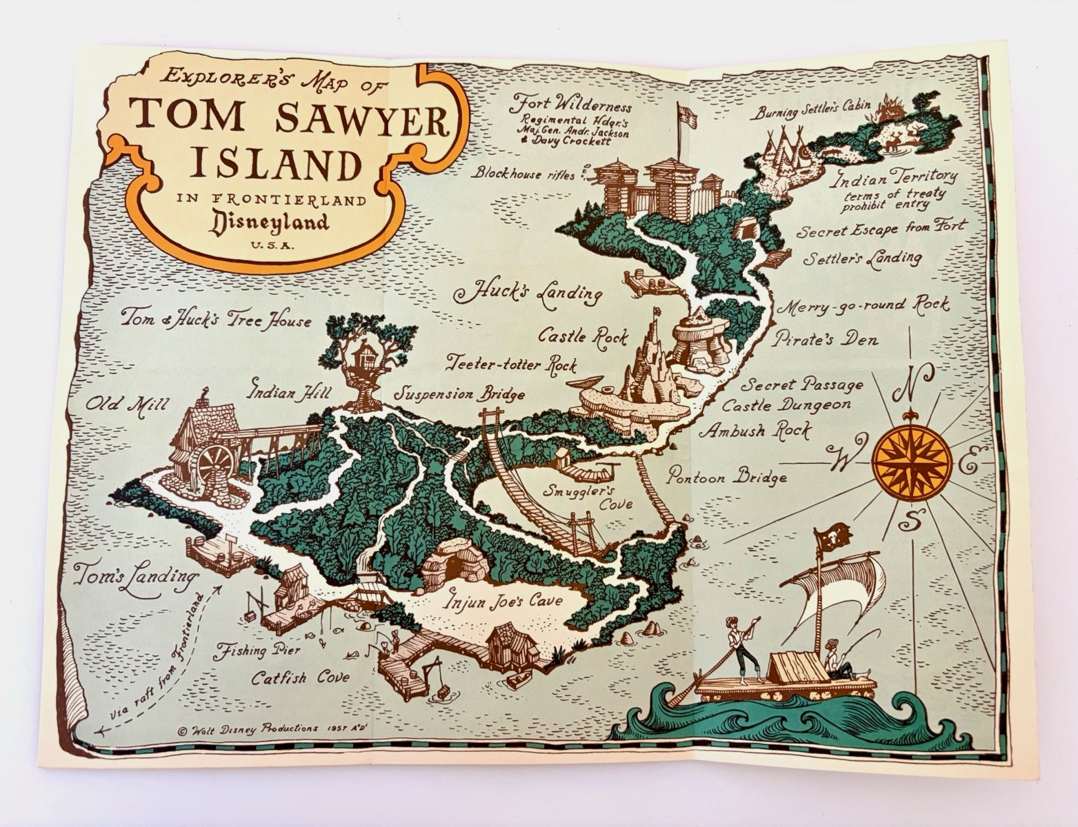 Original 1957 Disney Tom Sawyer Island Explorer’s Map Brochure Disneyland U.S.A