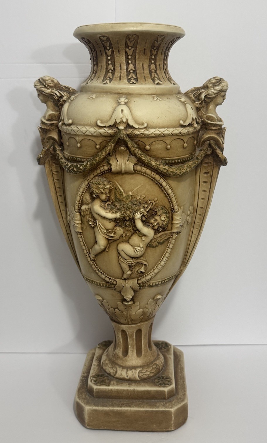 Vintage Marwal Industries Chalkware Relief Greek Roman Cherub Decorative Urn 