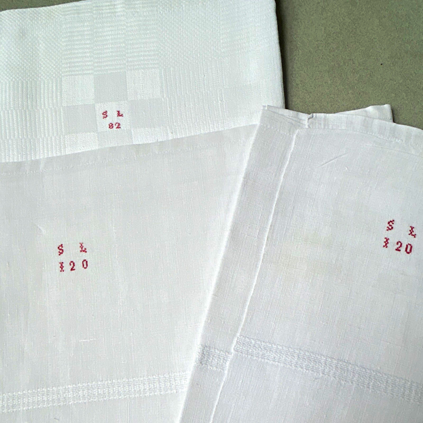 Antique French Set of 3 Linen Monogrammed Napkins Hand Towels Embroidered SL