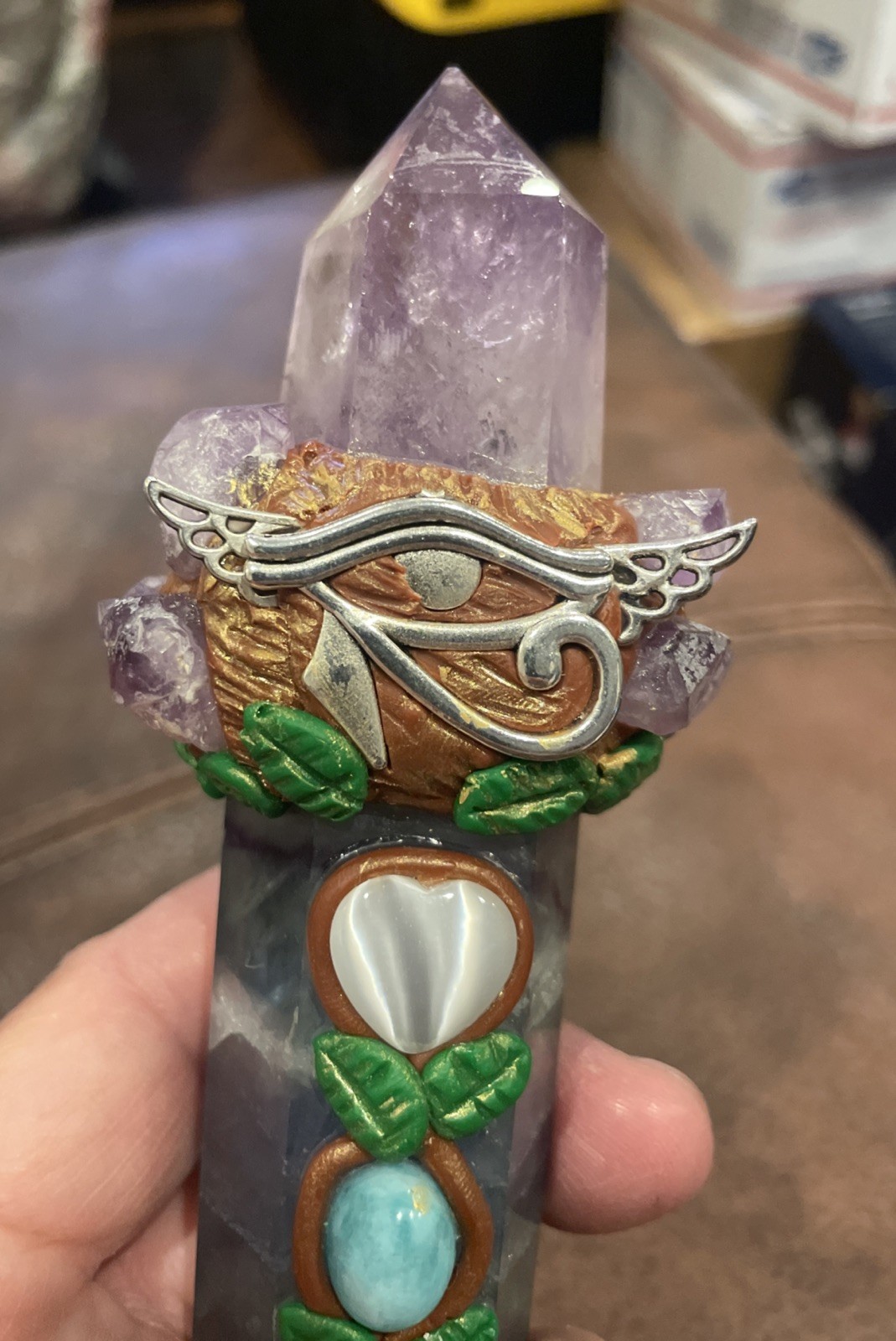 🔥 Handmade Rainbow Fluorite & Amethyst Crystal Wand Eye of Horus Pagan Wiccan