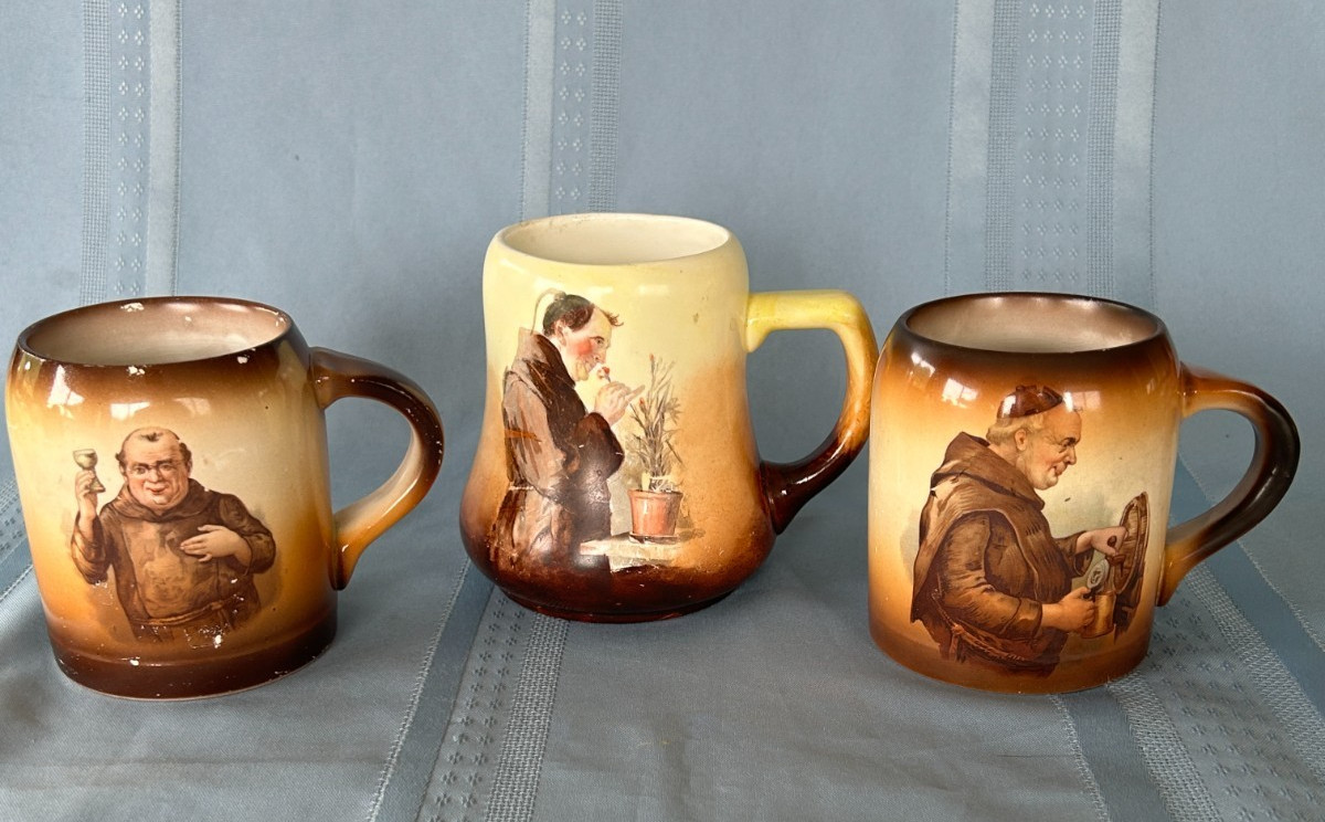 3 Vintage Monk / Friar 2 Lebeau Porcelain Mugs
