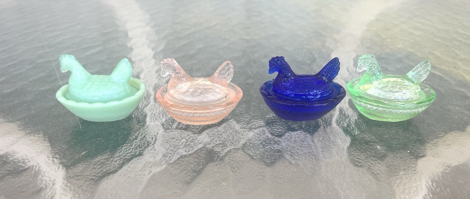 Four Piece Set Vintage Style Glass Mini Hen On Nest Covered Dishes Four Piece Set Vintage Style Glass Mini Hen On Nest Covered Dishes