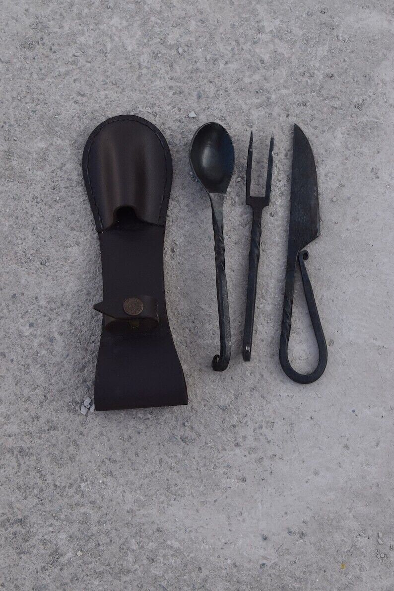 Viking Fork Knife and Spoon Medieval Feasting Utensil Set 3Pcs Steel Hand Forged