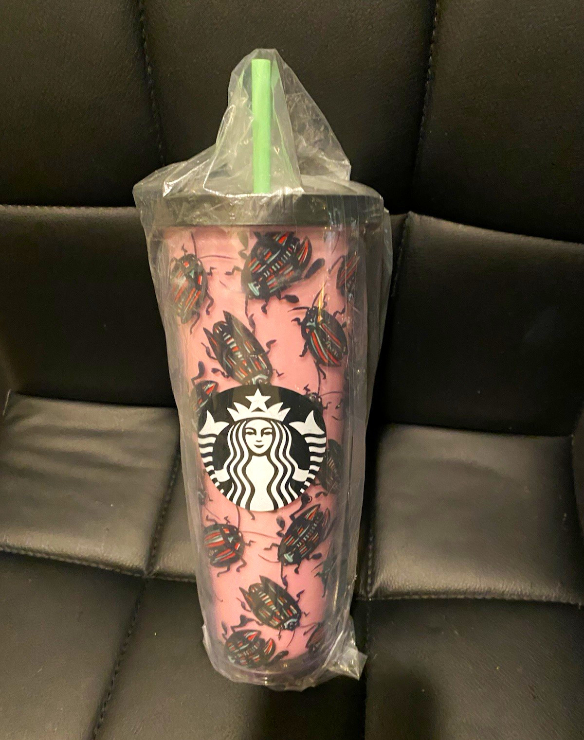 Starbucks 2017 Pink Beetle Bug Print Cold Cup Tumbler w/ Lid & Green Straw BNWT Starbucks 2017 Pink Beetle Bug Print Cold Cup Tumbler w/ Lid & Green Straw BNWT