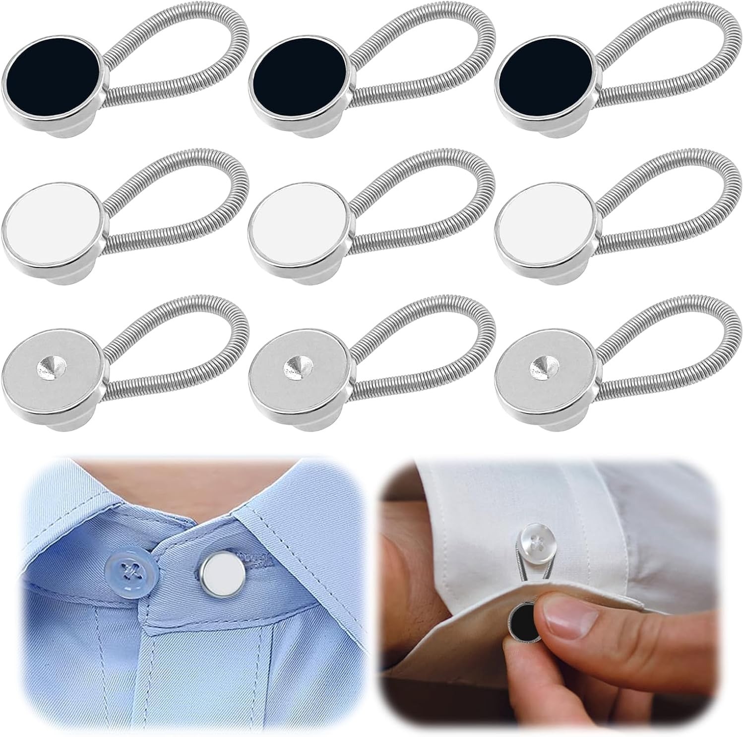 9Pcs Premium Collar Extenders for Men's Dress Standard, Black, White, Silver 9Pcs Premium Collar Extenders for Men's Dress Standard, Black, White, Silver