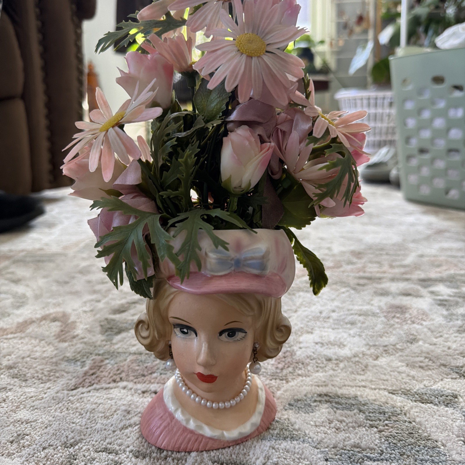 Relpo 2012 Lady Head Vase Blonde Teen in Pink with Mod Hat & Pearls Open Eyes Relpo 2012 Lady Head Vase Blonde Teen in Pink with Mod Hat & Pearls Open Eyes