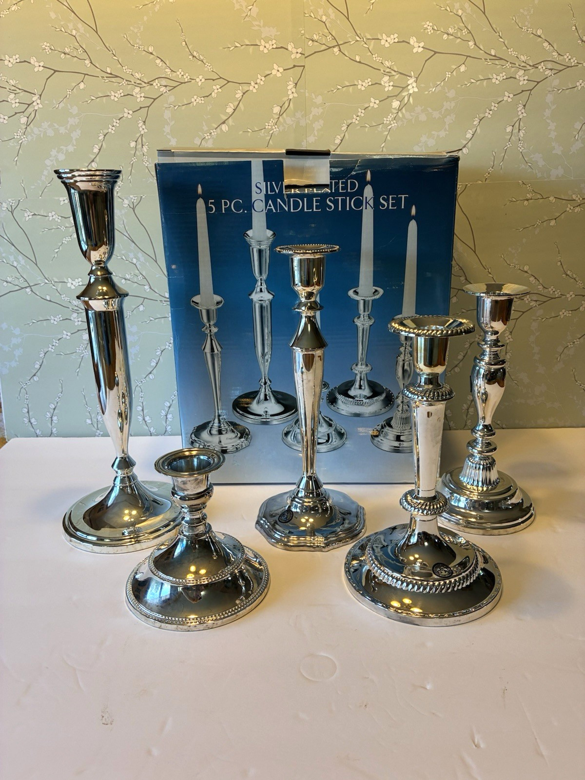5 Vintage Godinger Silver Plated Candlestick Holders w/Box