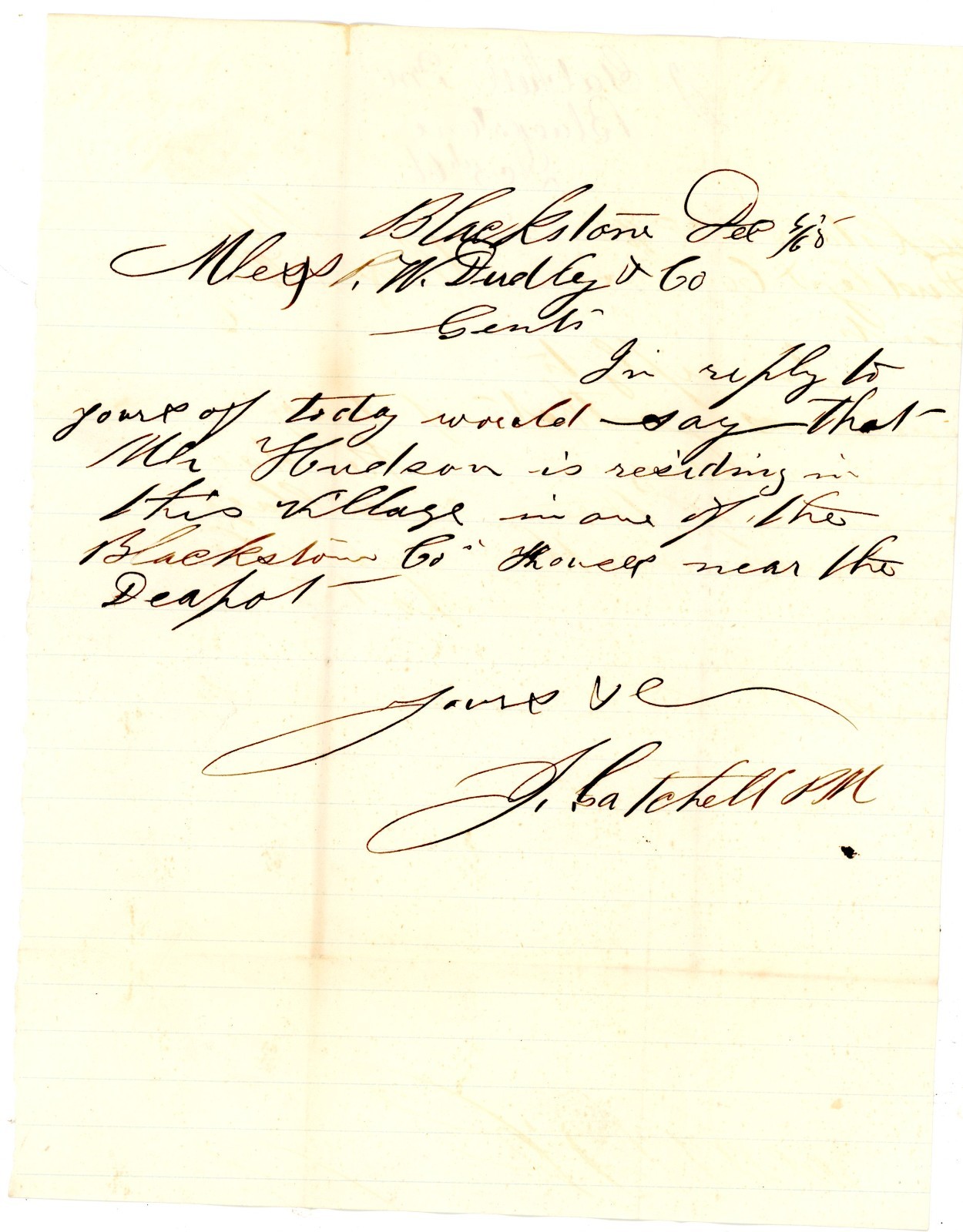 1880s Handwritten Letter Blackstone, VA Mr. Hindman Inquiry J. Batchelor Signed