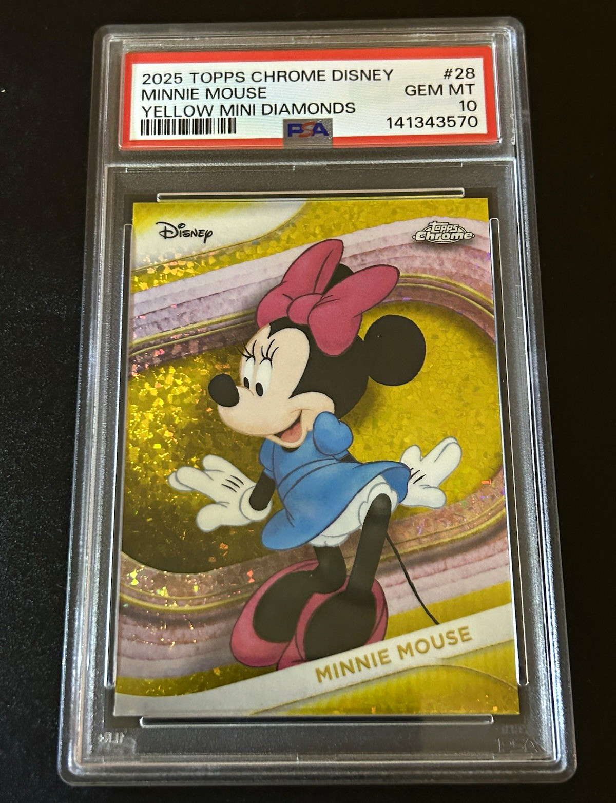 Topps 2025 Chrome Disney Minnie Mouse #28 Yellow Mini Diamonds PSA 10