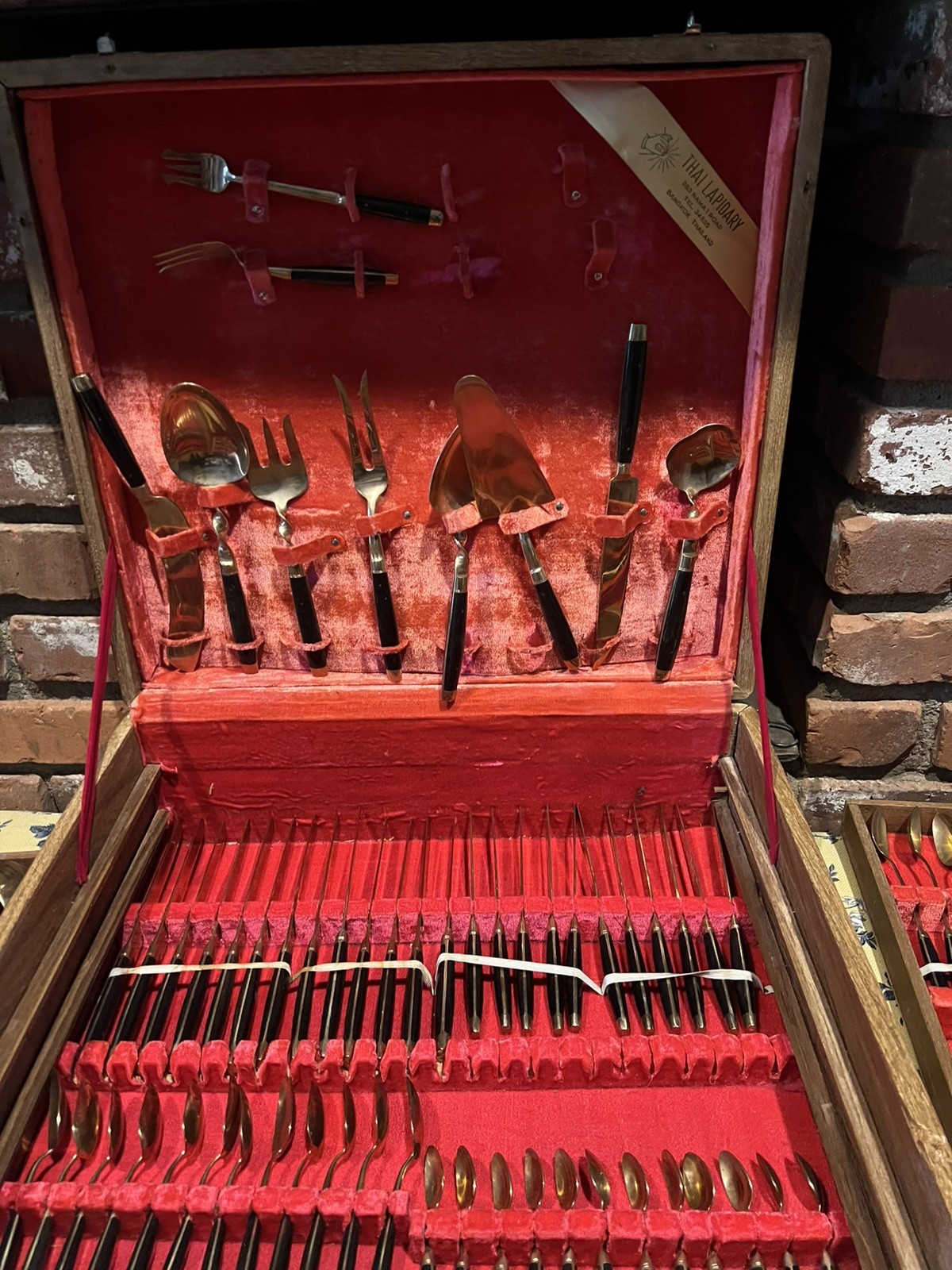 Vintage Thai Flatware Set Bronze Wood 143 Pieces W/3 Tier Wooden Case Nice GIFT