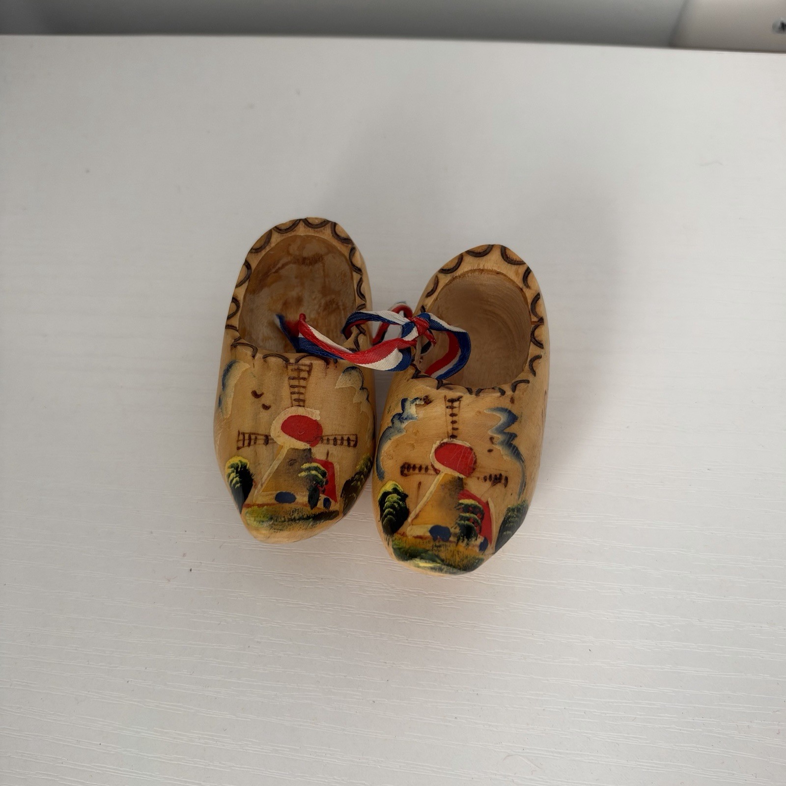 Vintage 70s Hand Painted Wooden Shoes Made In Holland Windmill Design