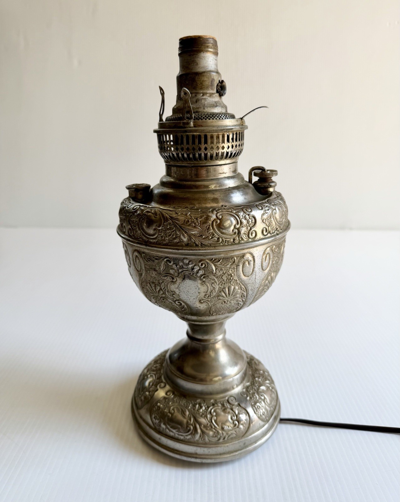 Vintage Antique The Meteor Oil Lamp Converted To Electric, Silver Repousse