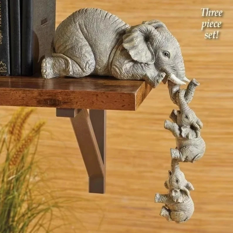3Pcs Elephant Figurines Set Resin Crafts Cute Elephant Holding Baby Home Decor